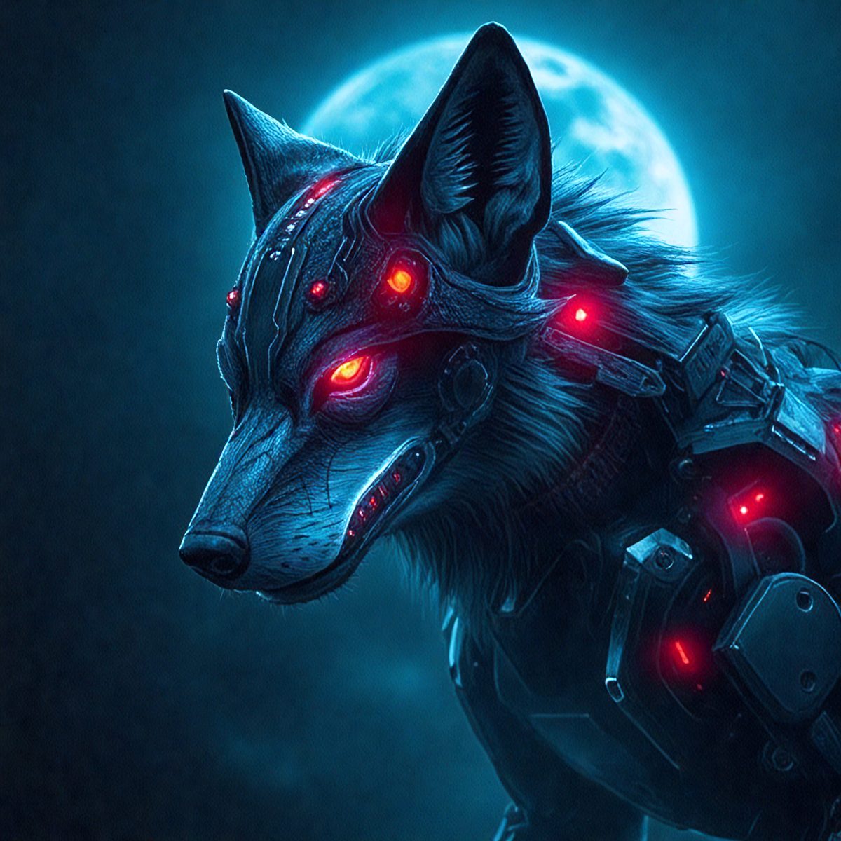 The primary subject of the image is a wolf with a futuristic, mechanical appearance. The wolf is wearing a suit and has a red glow in its eyes. The setting is a dark, blue-toned environment, which adds to the overall mood of the image. The visual style is a combination of digital art and illustration, creating a unique and intriguing scene.